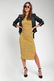 Black And Yellow Striped Dress Women S Print Dresses Floral Dresses Plaid Dresses Lulus Com With Images Yellow Striped Dress Striped Midi Dress Black Striped Dress