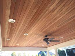 Create an exterior wooden look ceiling with the metal woodprint linear ceiling with the 80b, 84c, 84r and the v100 ceiling panels. Gorgeous Mahogany Tongue And Groove Ceiling For An Outdoor Porch Cathedral Ceiling Living Room Patio Ceiling Ideas Tongue And Groove Ceiling