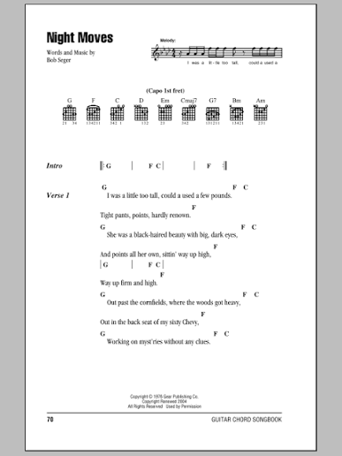 Night Moves by Bob Seger Guitar Chords/Lyrics - Digital Sheet Music