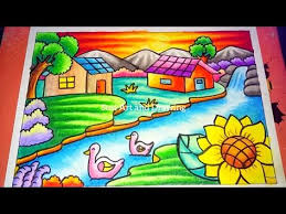 Lukisan pemandangan alam dengan crayon. Cara Menggambar Dan Mewarnai Pemandangan Alam Rumah Air Terjun Dan Pegunungan Drawing Scenery Youtube Cara Menggambar Pemandangan Drawing