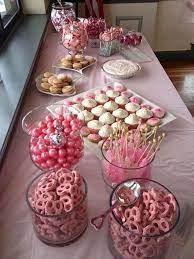 Dessert Table Candy Jars Sweet Pretzels Cupcakes Cookies Pie Mermaidd Baby Shower Pink The Baby Shower Sweets Baby Shower Candy Table Baby Shower Dessert Table