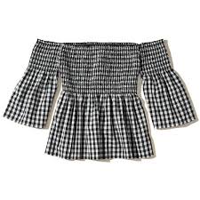 Black And White Checkered Off The Shoulder Top Hollister Smocked Poplin Off The Shoulder Top 21 Liked On Polyvore Featuring Tops Blouses Black Check Ruffle Checkered Blouse Checked Blouse Poplin Top