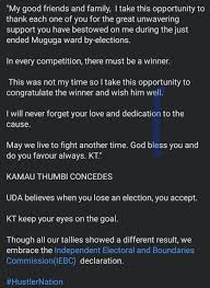 July 16, 2021 08:10 (eat) kamau thumbi, the uda candidate for muguga ward, has conceded defeat after losing the hotly contested race to jubilee's githinji mung'ara by 27 votes. Ic4qm460dwdlgm
