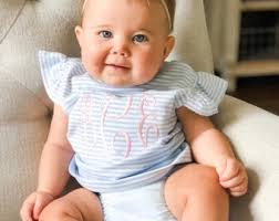 Baby Girl Outfit, Monogrammed Bloomer Set, Personalized Baby Shower Gift,  Girls Summer Clothing, Birthday Gift, Pima Cotton, Blue Stripes