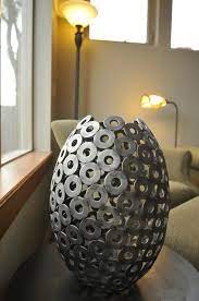 Metal Sculptural Vase Hand Welded From From Steel Structural Washers Make A Statement In Your Home With T Welding Art Welding Art Projects Metal Art Welded