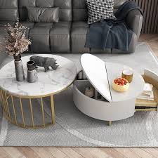 Modern White Walnut White Round Coffee Table With Storage Wood Rotating Marble Nesting Coffee Table In Rose Gold Set Of 2 In 2020 White Round Coffee Table Round Coffee