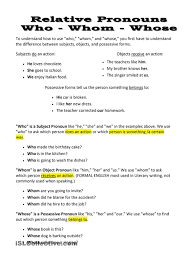 Relative Pronouns Who Whom Whose Relative Pronouns Pronoun Worksheets Pronoun Lesson Plan
