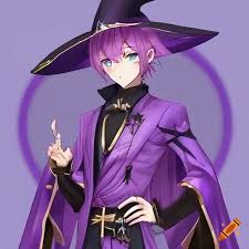 Anime male vtuber witch, stars on outfit, purple clothing on Craiyon