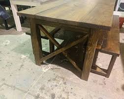 Long Pub Style Farmhouse Table Set With Stools And Tall Benches Dark Walnut Top With White Distressed Base Tall Farmhouse Table Set In 2020 Farmhouse Table Setting Rustic Pub Table Pub