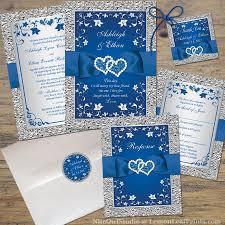 Royal Blue Wedding Invitation Faux Foil Silver Floral Printed Ribbon Bow Double Hearts Blue Wedding Invitations Royal Blue Wedding Invitations Royal Blue Wedding Decorations