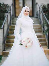 White A Line Muslim Wedding Dress With Long Veil Ball Gowns Wedding Muslimah Wedding Dress Gothic Wedding Dress