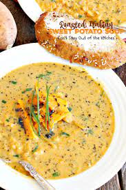 Roasted Italian Sweet Potato Soup Can T Stay Out Of The Kitchen Sweet Potato Soup White Sweet Potato Recipe Healthy Italian Recipes