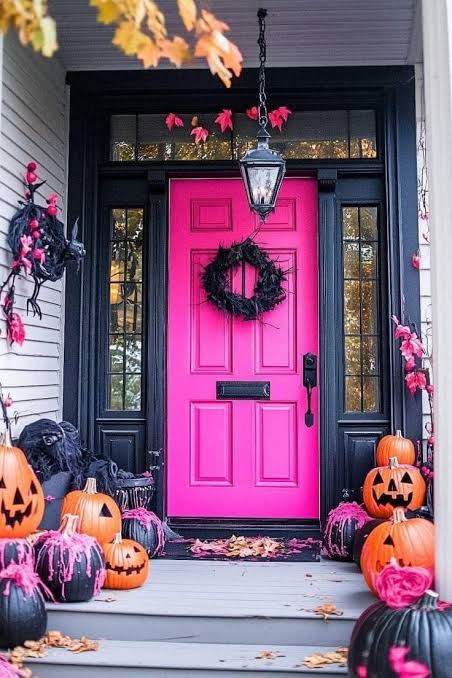 Pink front door ideas | Pink halloween decorations outdoor, Pink halloween porch decor, Halloween entryway decor