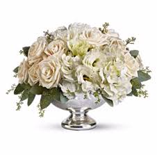 Simply lovely arrangements that can be used for your wedding, bridal shower, or bring life to your home. White Velvet Silver Bowl Centerpiece In Redlands Ca Redland S Bouquet Florist More