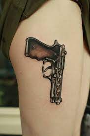 Men love having gun tattoo on their foot with a black ink design; Cool Gun Tattoo On Right Thigh