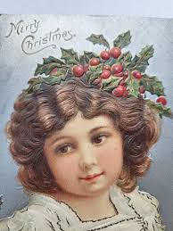 Vintage 1907 Christmas postcard Art Nouveau Brown Eyed girl Reedley CA  POSTED