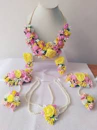 Pink Yellow Flower Gota Patti Jewellry Set Necklace Earrings Bracelet Mang Tika Wedding Flower Jewelry Flower Jewellery For Mehndi Flower Jewellery For Haldi