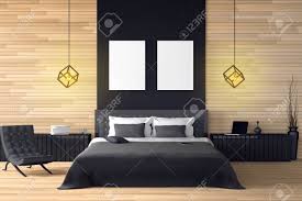 This is a contemporary living room featuring wood interiors, slanted windows in chalet design. 3d Rendering Illustration Of Modern Wooden House Interior Bed Stock Photo Picture And Royalty Free Image Image 69401165