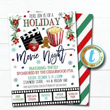 Christmas Movie Night Invitation Kids Holiday Invite School Church Pto Pta Event Winter Party Editable Template Diy Self Editing Download Christmas Movie Night Movie Night Invitations Holiday Invitations