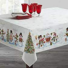 Snowman Christmas Fabric Tablecloth Let It Snow Flakes Xmas Tree Winter Holiday Ebay Christmas Table Cloth Christmas Table Table Cloth