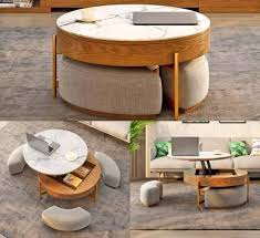 This Amazing Rising Coffee Table Has 3 Integrated Ottomans That Hide Underneath It Diy Furniture Table Living Room Ottoman Coffee Table Coffee Table