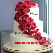 Write Name On Flower Birthday Cake Three Layer Red Rose Flower Cake Birthday Cake With Name Birthday Cake With Flowers Art Birthday Cake Orange Birthday Cake