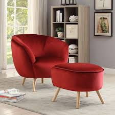 A midcentury living room wherein the color seems to be taken from the area rug that has red and blue colors. Acme Aisling Accent Chair In Red Velvet Walmart Canada