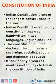 It is the supreme law of india and is used by the prime minister, his cabinet of ministers and the courts to govern the country. Essay On Constitution Of India Indian Constitution Essay For Students And Children In English A Plus Topper