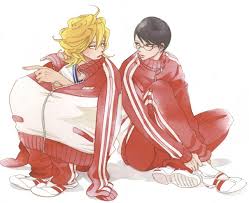 kusakabe hikaru, sajou rihito, doukyuusei (manga), 2boys, black hair,  blonde hair, earrings, full body, glasses, jewelry, male focus, multiple  boys, pants, piercing, school uniform, shoes, sitting, sneakers, sports  uniform, sweater - Image