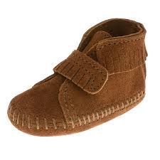 Minnetonka Moccasins 1122 Infants Front Strap Bootie Brown Suede Baby Moccasins