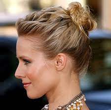 For any shorter pieces of hair in the back, use bobby pins to hold them up. Get The Look Kristen Bell S High Bun Click On The Image Provided To See How E Closet Bun Hairstyles Short Hair Styles Short Hair Updo