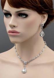 SET Necklace & Gauges Earrings SILVER Dangle Crystal Vintage Wedding Prom  Plugs Tunnels 2g 0g 00g 1/2 6mm 8mm 10mm 11mm 12mm