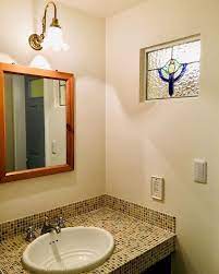 yasukoさんはinstagramを利用しています ステンドガラスパネル ステンドガラス ステンドグラス リフォーム プチリフォーム 名古屋モザイク モザイクタイル 洗面台 造作洗面台 コスミオン グローエ水栓 bathroom mirror framed bathroom mirror home decor