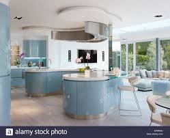 blue and white curved breakfast bar