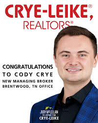 The JudyMac Team offers our congratulations to Cody Crye who was named  Managing Broker of the Crye-Leike Brentwood, TN office this week. Cody has  been involved in the family business of real
