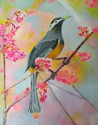 Original abstract acrylic painting on canvas beneath the twilight two love birds tree branch lake sunset coral purple blue water summer eve. Cherry Blossom And Bird Painting