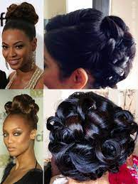 Wedding Pin Curl Updo Hairstyle Inspired By Beyonce And Tyra Banks Weddinghair Bridesmaidhair Bridehair B Curled Updo Hairstyles Pin Curl Updo Curled Updo