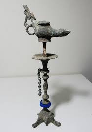 It includes some metal decorations, crystals and a nice floral pattern in its white top. Ancient Byzantine 6th 7th Cent A D Bronze Oil Lamp