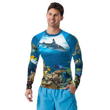 Mens Shark Reef Athletic Fit Premium Rash Guard Upf 50+