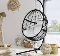Abble Outdoor Wicker Hanging Basket Swing Chair with Cushion and Stand - Black & White