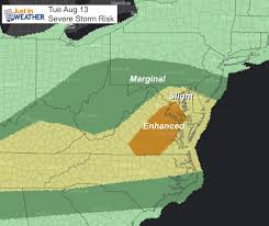 Day high temperature +27° and low +15°. August 13 Severe Storm Risk And Extended Timing For Beaches Just In Weather