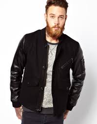 Bomber Jacket By Asos Made From A Wool Blend Turndown Collarleather Look Contrast Sleeves Zip A Mens Leather Bomber Jacket Bomber Jacket Mens Jackets