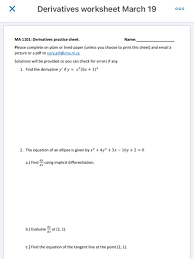 11) use the definition of the derivative to show that f '(0) does not exist where f (x) = x. X Derivatives Worksheet March 19 000 Ma 1101 Chegg Com