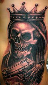 Flower crown wearing skull, skeleton sticker, floral decal, gothic tattoo art, life and death, edgy and soft, colorful and dark, digitally. Gun Gangster Skull Tattoo Designs Novocom Top