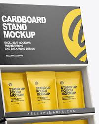 Download Cardboard Display Stand W Pouches Mockup In Indoor Advertising Mockups On Yellow Images Object Mockups PSD Mockup Templates