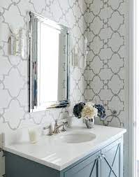 Pattern Play Quatrefoil Cobalt Gold Bathroom Feature Wall Gray Wallpaper Bathroom Chic Bathrooms