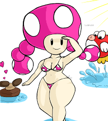 1girls bikini black eyes breasts cheep cheep cleavage female  goomba heart humanoid light-skinned female light skin luleivon male mario  (series) mushroom nintendo no nose pale-skinned female pale skin polka