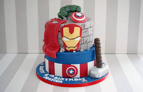 Fondant with fondant details, the hulk hand is made from molding chocolate and the thor hammer is rkt covered in fondant. 2 Tier Marvel Avengers Birthday Cake Bakealous