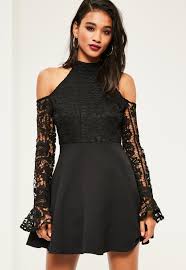 Missguided Black Lace High Neck Cold Shoulder Skater Dress Black Prom Dress Short Black Short Dress Cutout Shoulder Dress