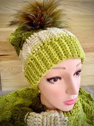 Crochet Slouchy Pistachio Color Hat Basket Weave With Camo Multi-tone 6"  Faux Fur Pom Pom 19" Ribbed Brim Worn up or Down Fits 19" to 24"